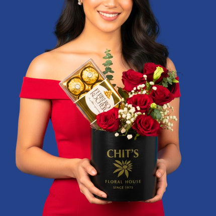 Sweetheart’s Ebony Box rose and Ferrero Rocher chocolate gift box