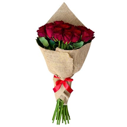 Terra Rose bouquet with 16 long-stemmed red roses wrapped in burlap