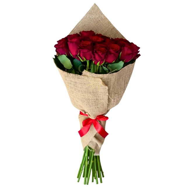 Terra Rose bouquet with 16 long-stemmed red roses wrapped in burlap