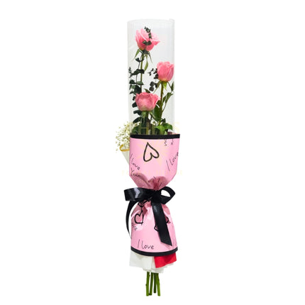 Three red roses bouquet with imported fillers in elegant wrapping