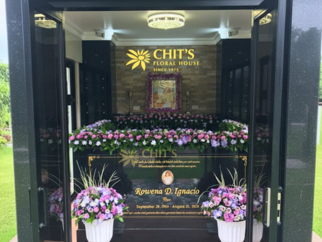 Turnkey mausoleum flower arrangement with topiary vases