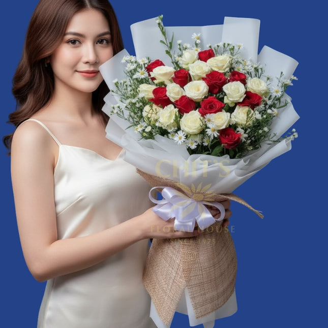 Red and white roses arrangement for Valentine’s gift