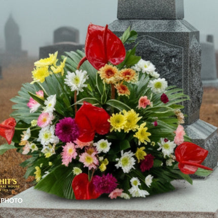 Vibrant sympathy flower basket display for funeral offering