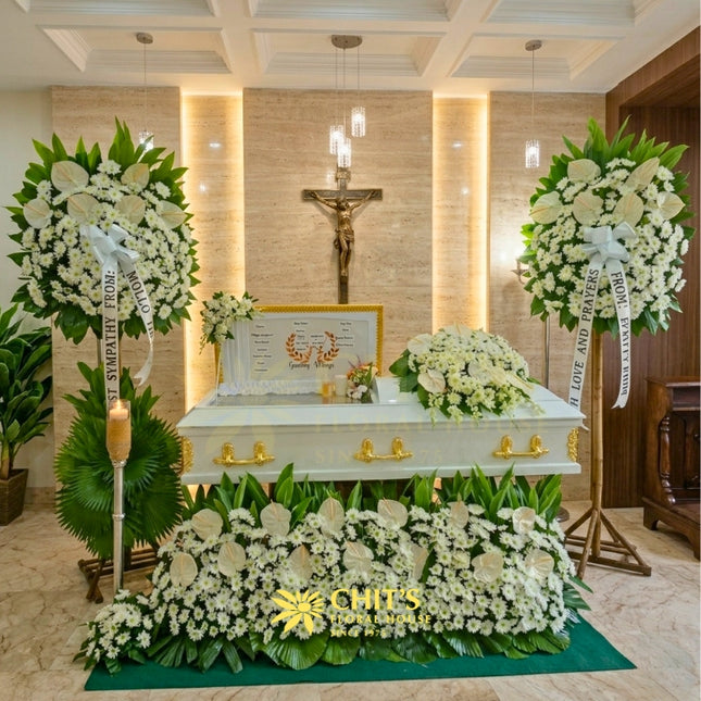 White anthurium casket flower set with standing and garden arrangements Philippines