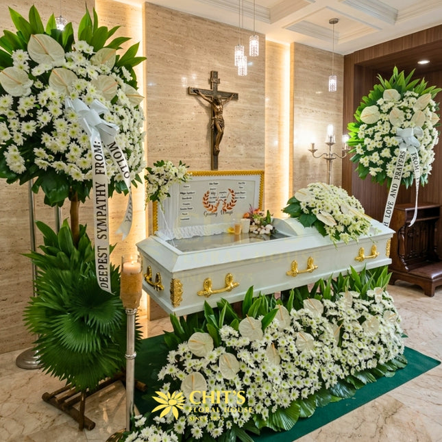White anthurium casket flower set with standing and garden arrangements Philippines