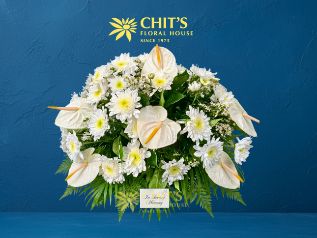Pure Rest – White Anthurium & Chrysanthemum Casket Spray