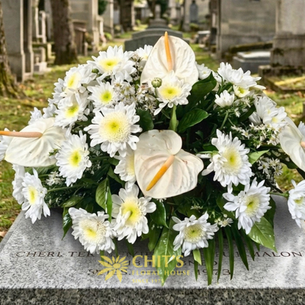 Pure Rest – White Anthurium & Chrysanthemum Casket Spray