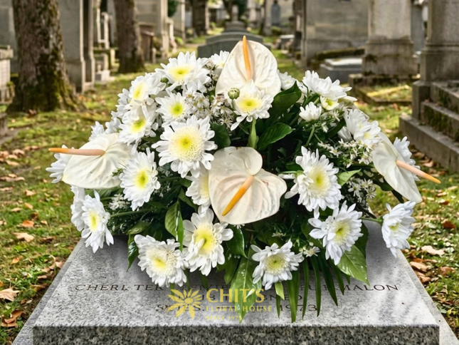 Pure Rest – White Anthurium & Chrysanthemum Casket Spray