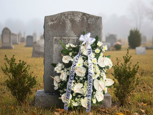 White anthurium and radus condolence arrangement in clay pot