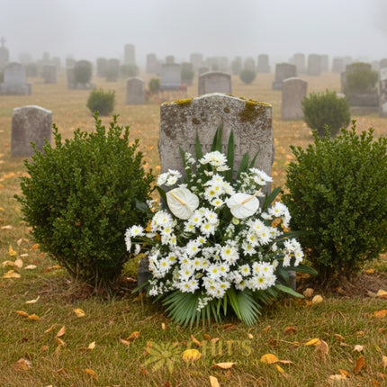 Close-up of white anthurium and mums condolence flower basket