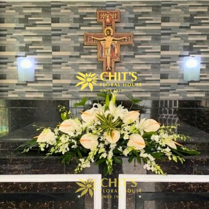 White Anthurium and Orchid Mausoleum Floral Arrangement