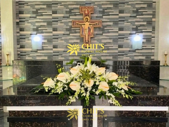 White Anthurium and Orchid Mausoleum Floral Arrangement