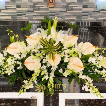 White Anthurium and Orchid Mausoleum Floral Arrangement