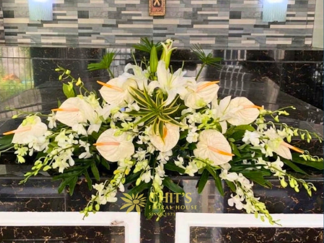 White Anthurium and Orchid Mausoleum Floral Arrangement