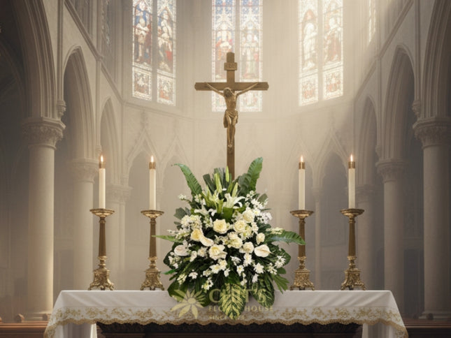 Close-up of white lily, anthurium, and rose sympathy flowers