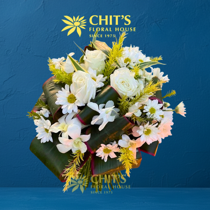 Angel’s Meadow – White Rose &amp; Orchid Sympathy Arrangement