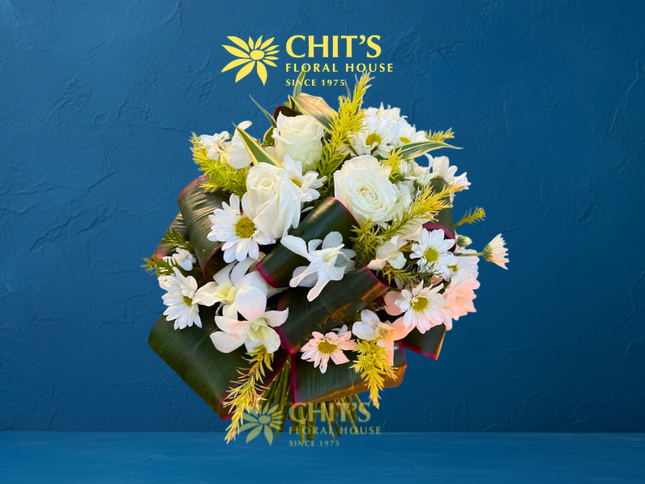 Angel’s Meadow – White Rose &amp; Orchid Sympathy Arrangement