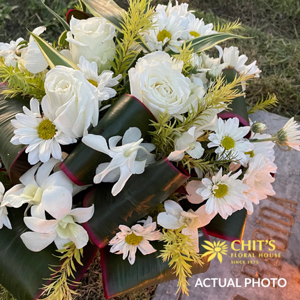 Angel’s Meadow – White Rose &amp; Orchid Sympathy Arrangement