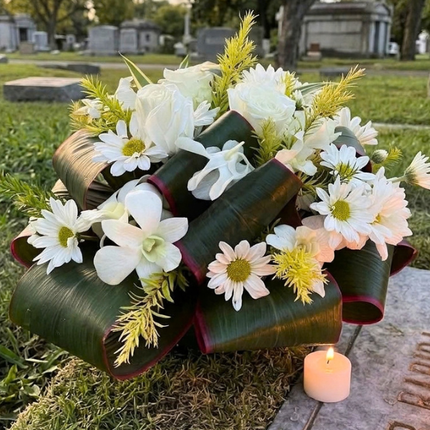 Angel’s Meadow – White Rose &amp; Orchid Sympathy Arrangement