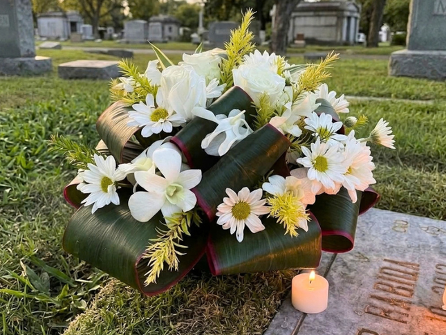 Angel’s Meadow – White Rose &amp; Orchid Sympathy Arrangement