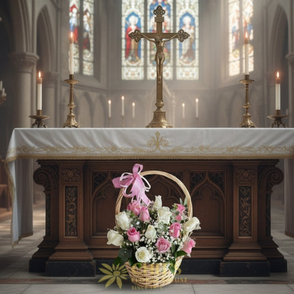 White roses with imported fillers condolence flower arrangement
