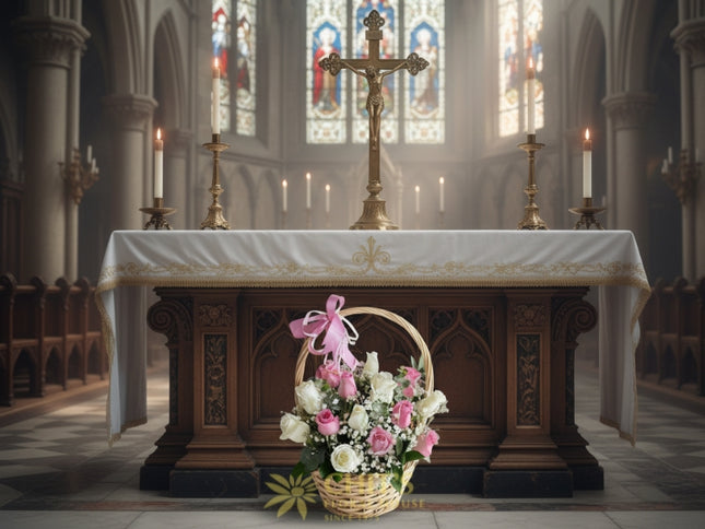 White roses with imported fillers condolence flower arrangement